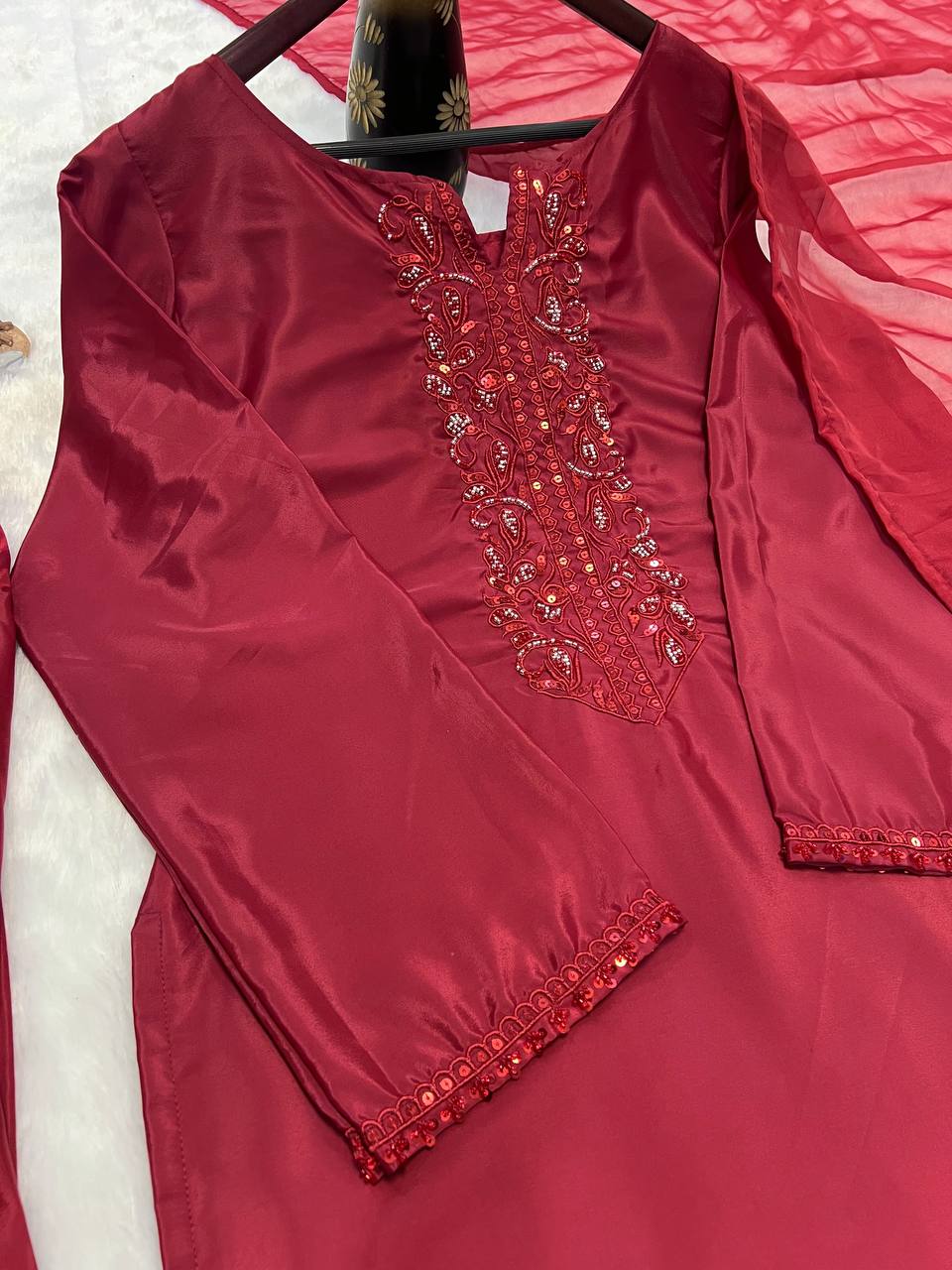 Editorial Deep Red Silk Co-ord